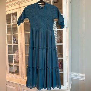 Jessa Kae smocked midi dress in teal S NWT